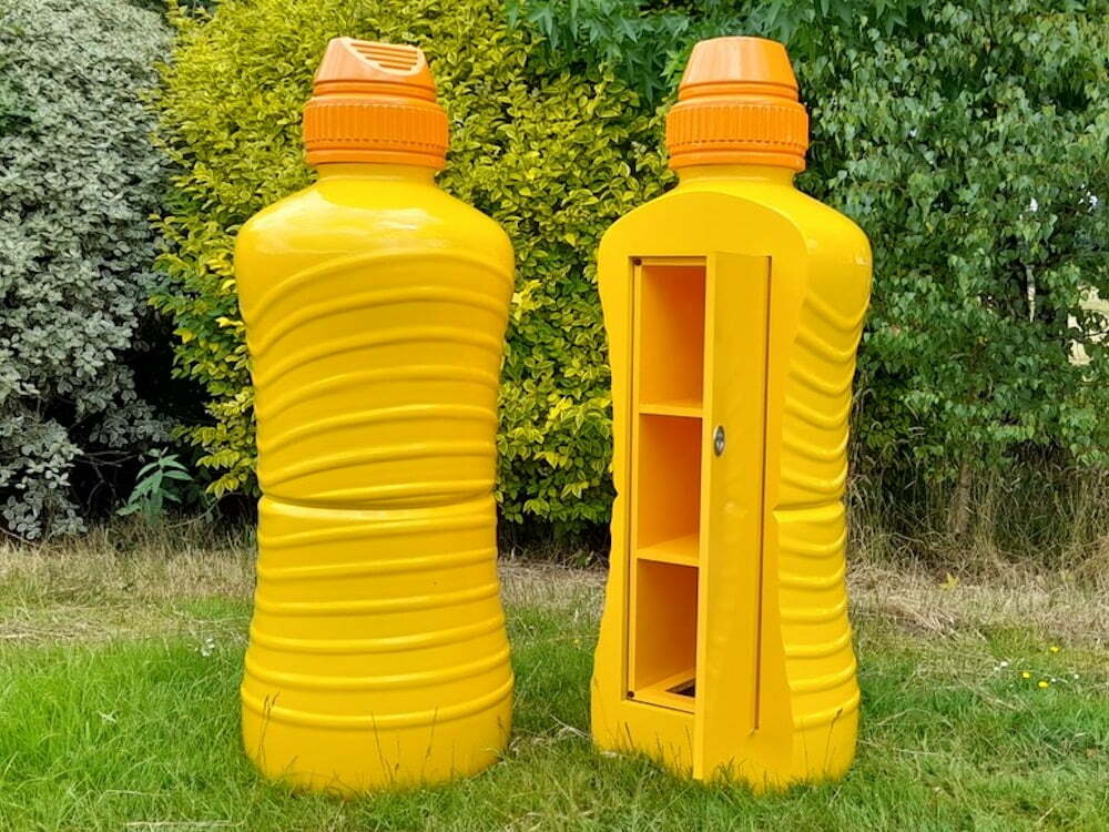 Oversized Lucozade sport bottles front and rear without graphics